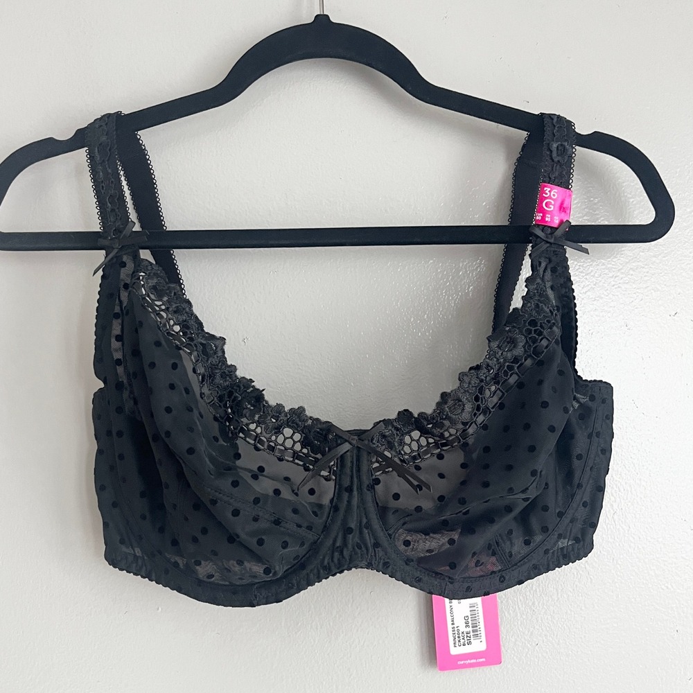 Curvy Kate Balcony Bra Women 36G Black Polka Dot Lace Princess Coquette NWT